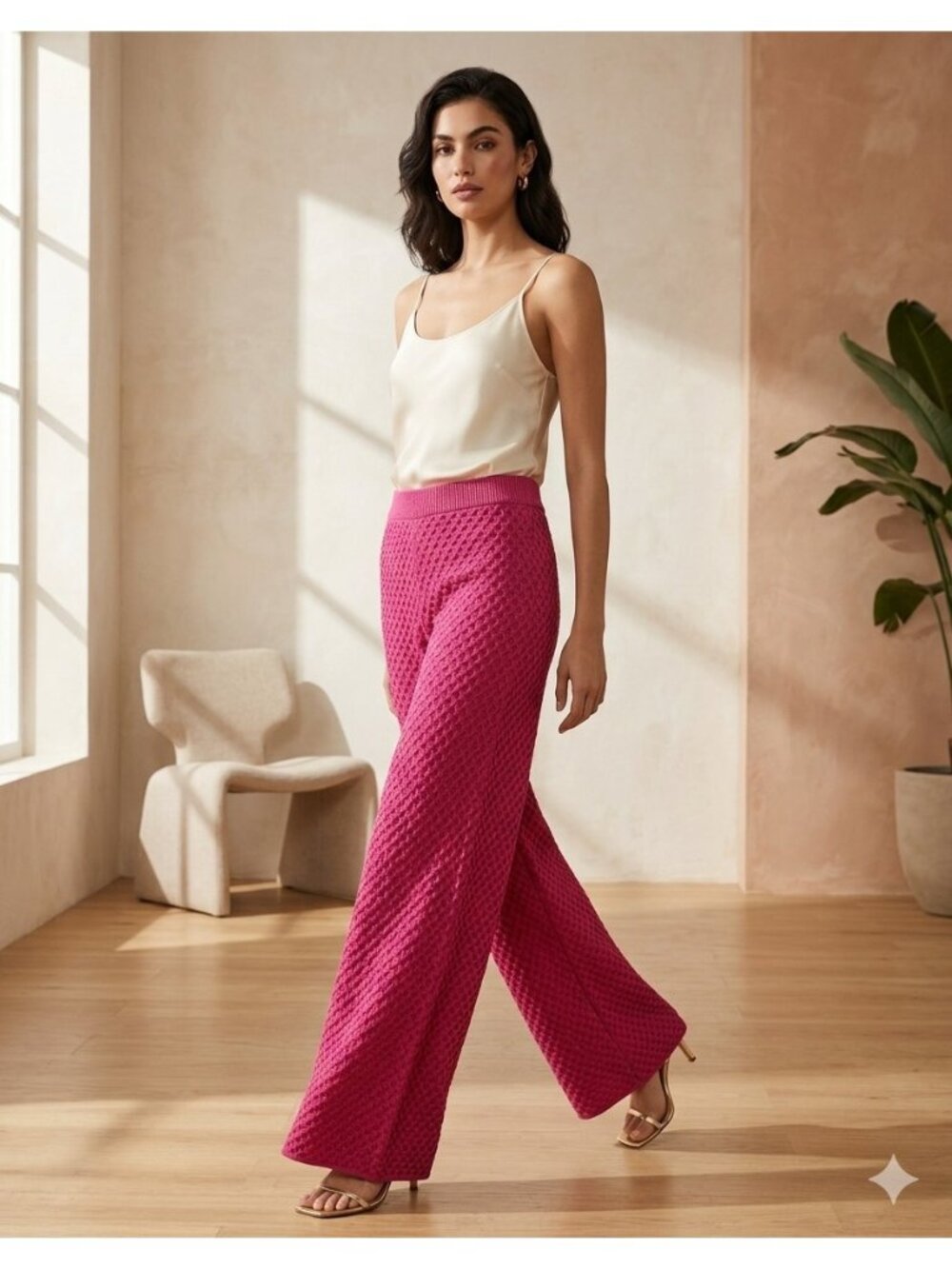 Storia Diamond Sweater Wide Leg Pants Hot Pink Size M NWT Minimalist Spring Cute
